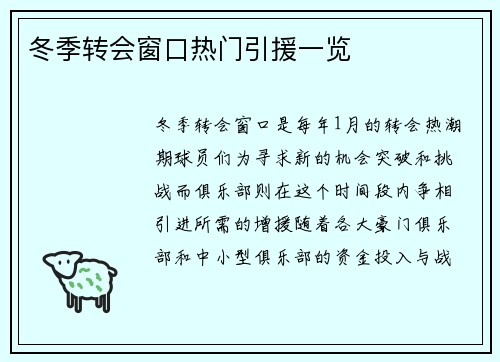 冬季转会窗口热门引援一览 冬季转会窗口热门引援一览